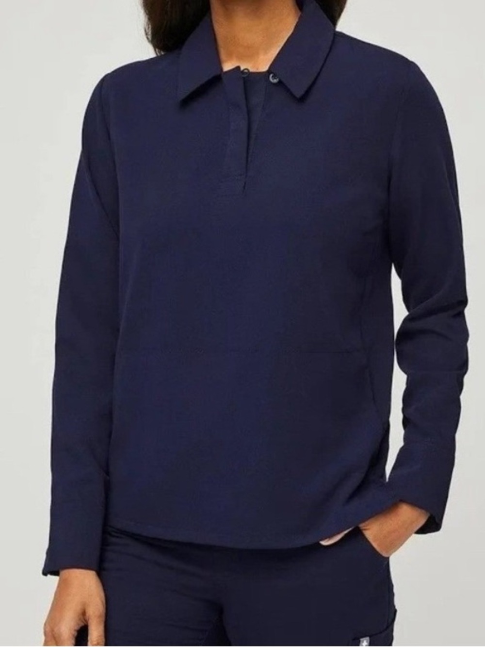 FIGS Long Sleeve Collared Polo Scrub Top in Navy